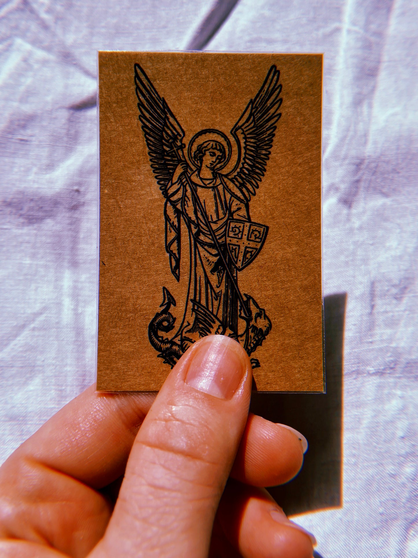 Archangel Saint Michael Woodcut Mini Prayer Card