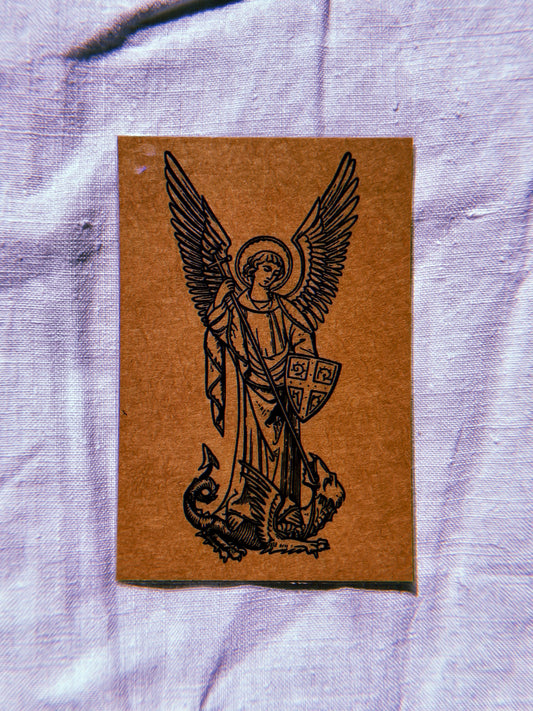 Archangel Saint Michael Woodcut Mini Prayer Card