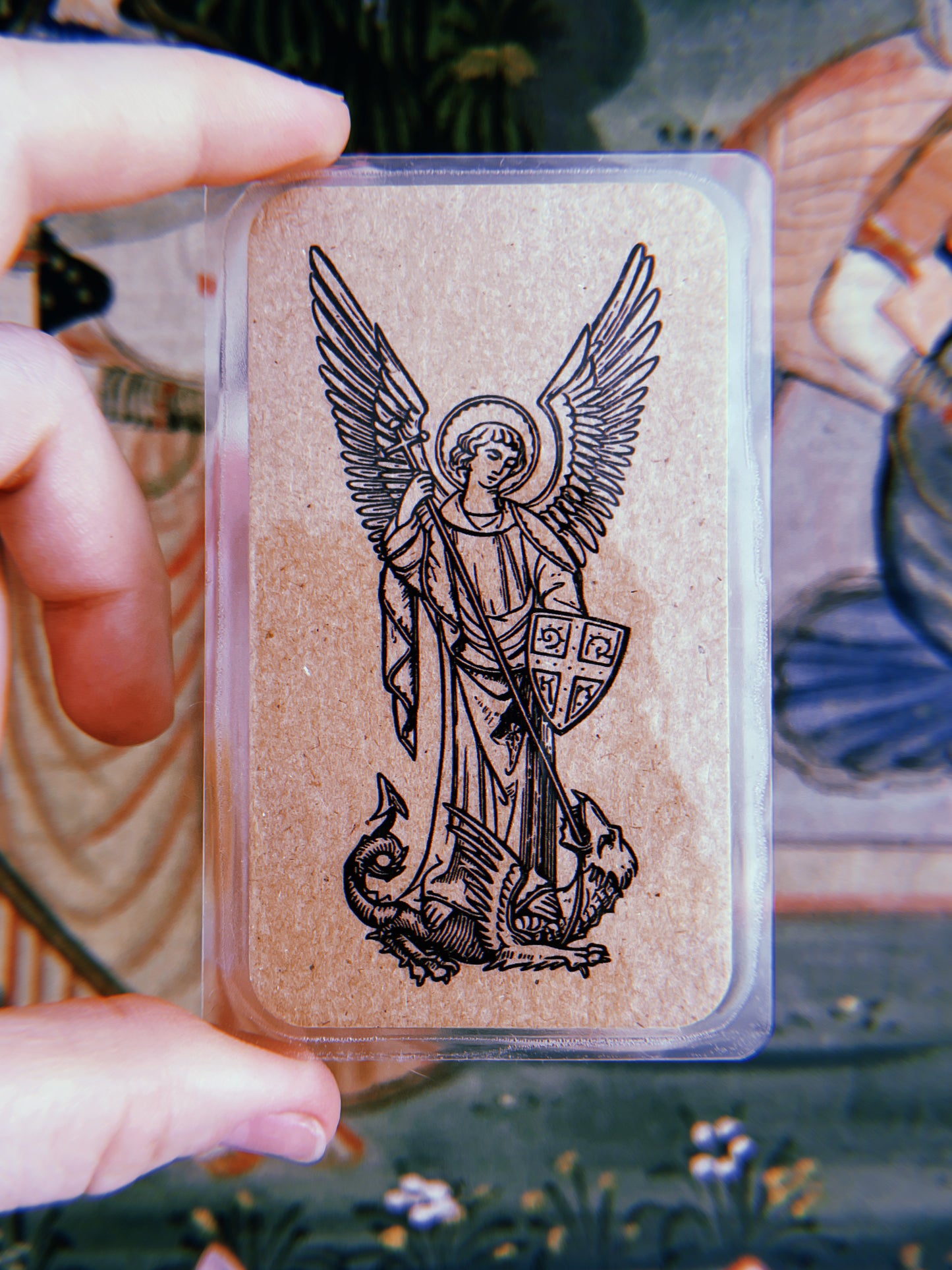 Archangel Saint Michael Woodcut Biz Prayer Card