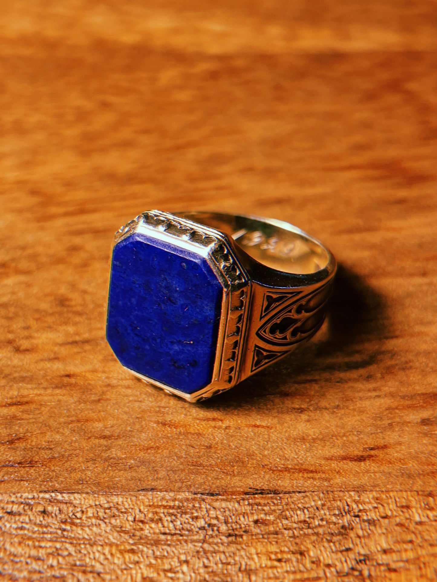 Antique 14k Art Deco Parish Signet Ring w/ Lapis Lazuli