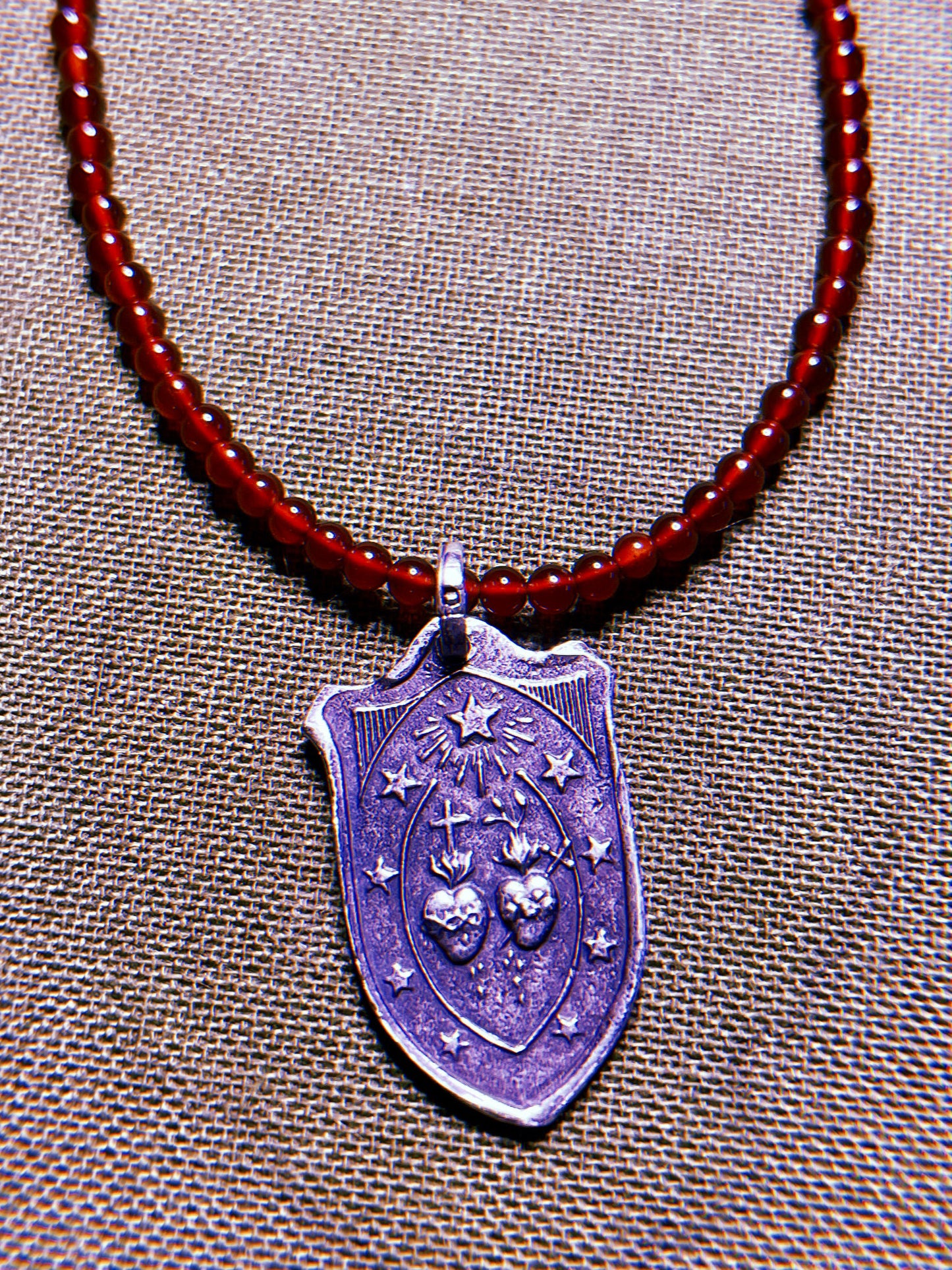 Antiqued Sterling Double-Sided Protection Talisman on Beaded Garnet Strand