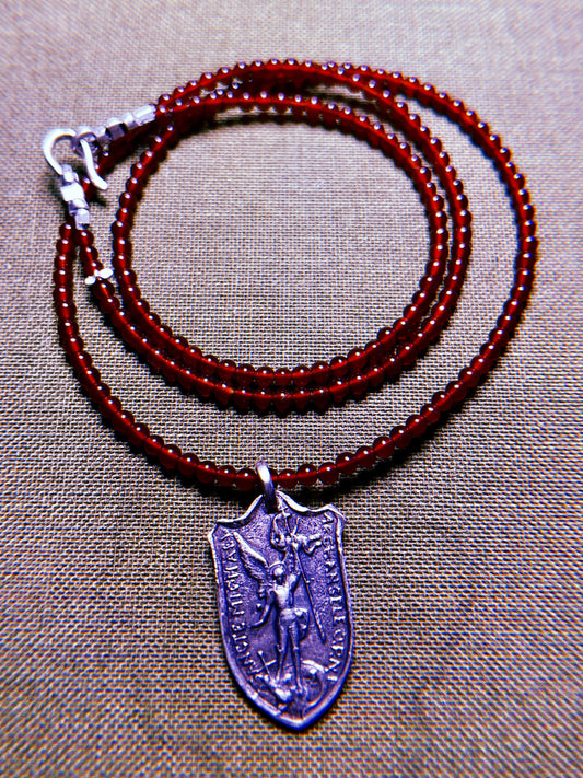 Antiqued Sterling Double-Sided Protection Talisman on Beaded Garnet Strand