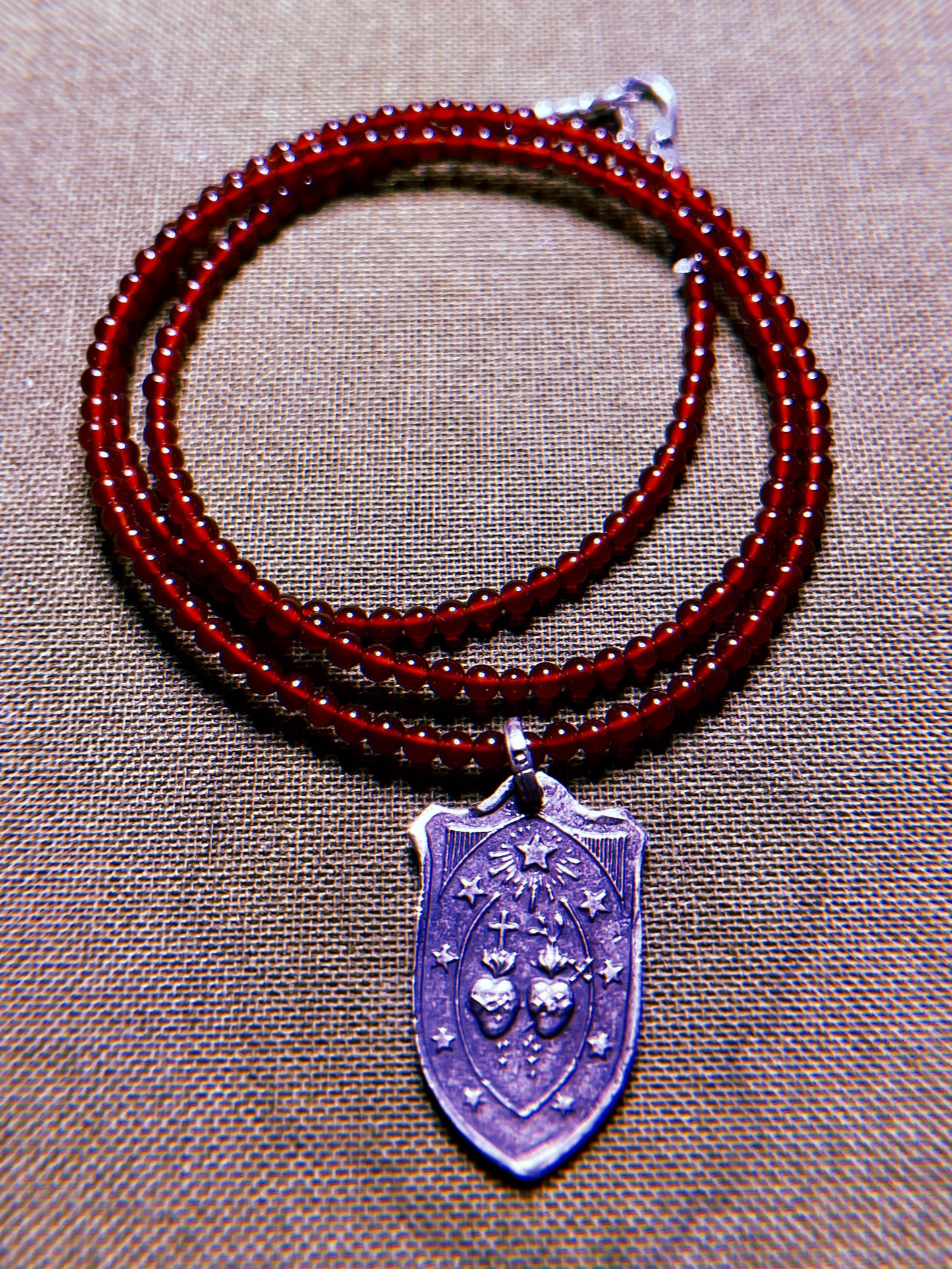 Antiqued Sterling Double-Sided Protection Talisman on Beaded Garnet Strand