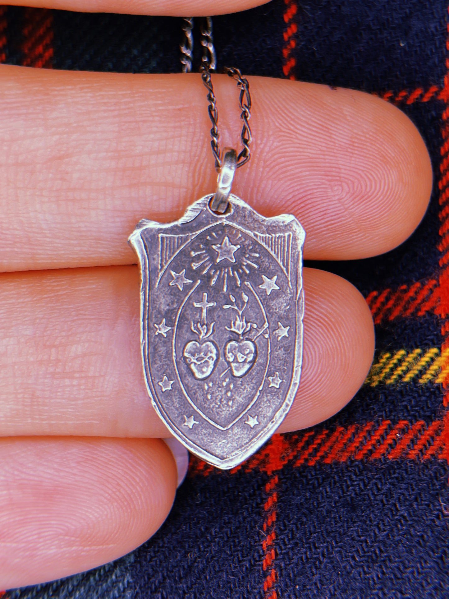 Antiqued Sterling Double-Sided Protection Talisman on Fine Figaro Chain